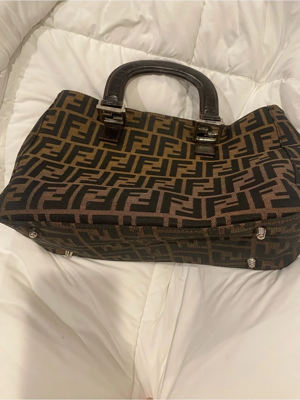 Fendi Brown FF Zucca Tote Bag with Leather Handles